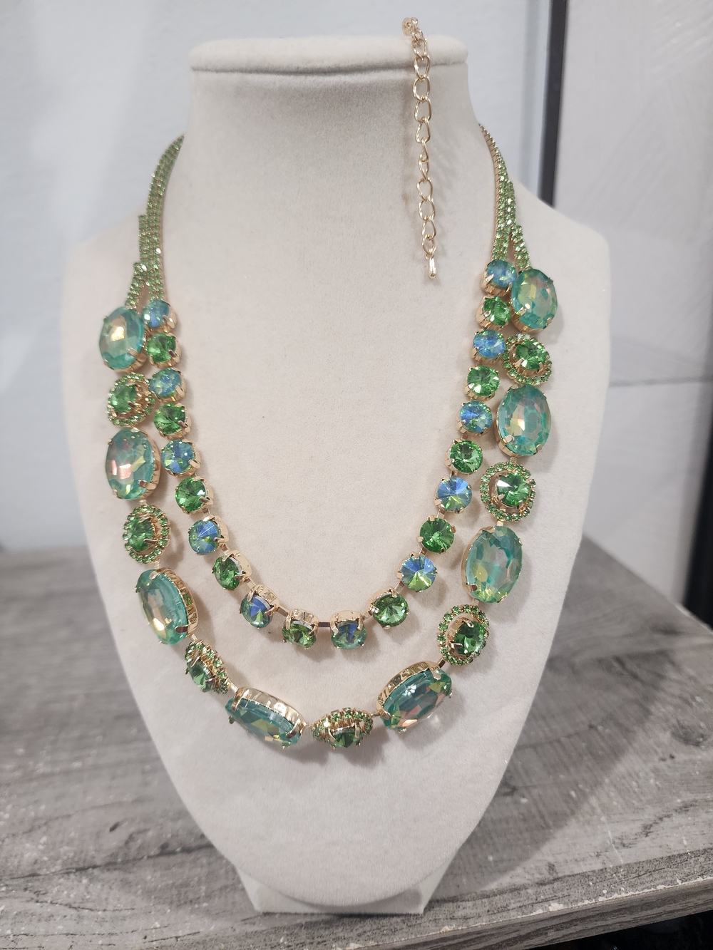 Elegant Gold-Tone Green Crystal Layered Necklace